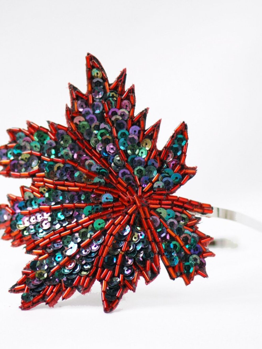 Prom headband - Maple leaf red and multicolored sequin applique with pearls